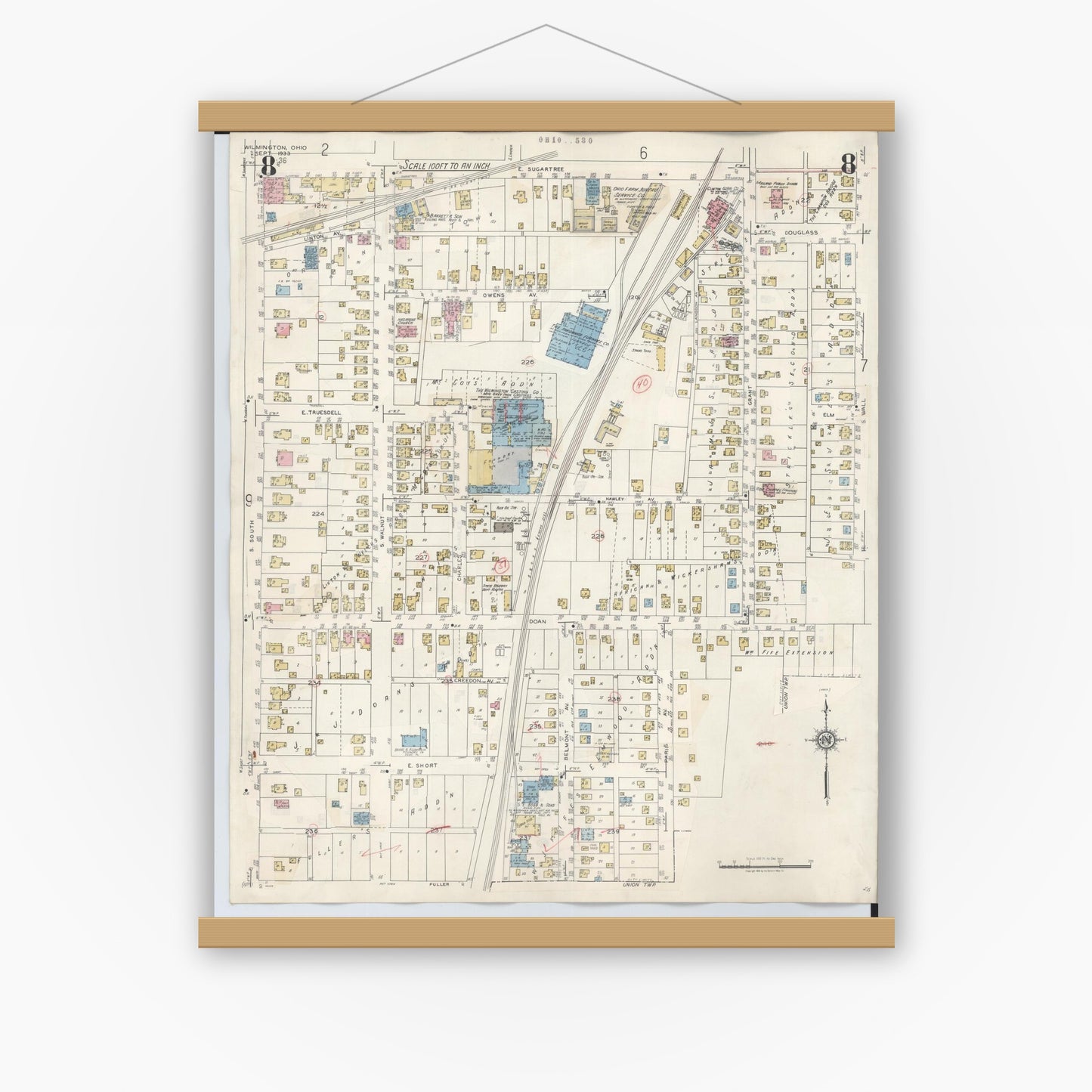 Old map wall art mockup — magnetic wood frame on white wall — Sanborn Fire Insurance Map from Wilmington, Clinton County, Ohio (1949), Sheet #0008