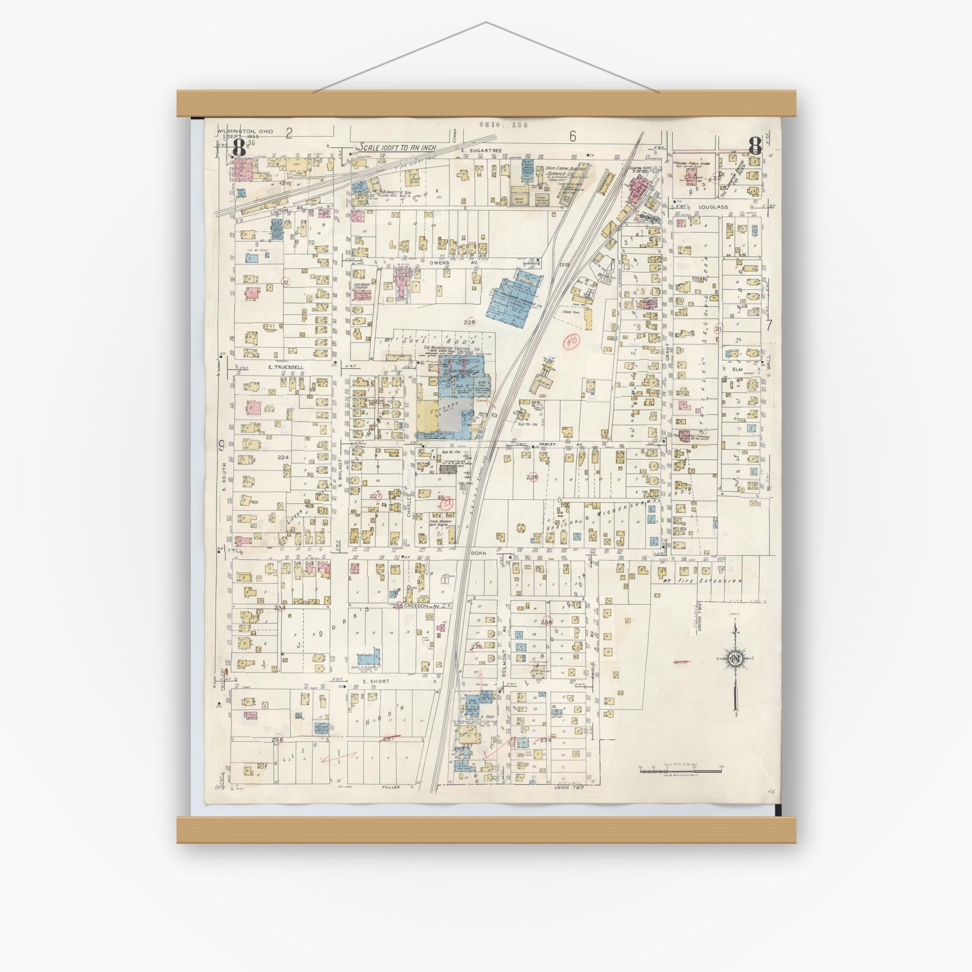 Old map wall art mockup — magnetic wood frame on white wall — Sanborn Fire Insurance Map from Wilmington, Clinton County, Ohio (1949), Sheet #0008