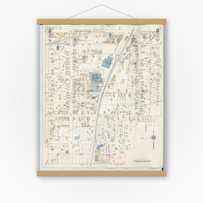 Old map wall art mockup — magnetic wood frame on white wall — Sanborn Fire Insurance Map from Wilmington, Clinton County, Ohio (1949), Sheet #0008