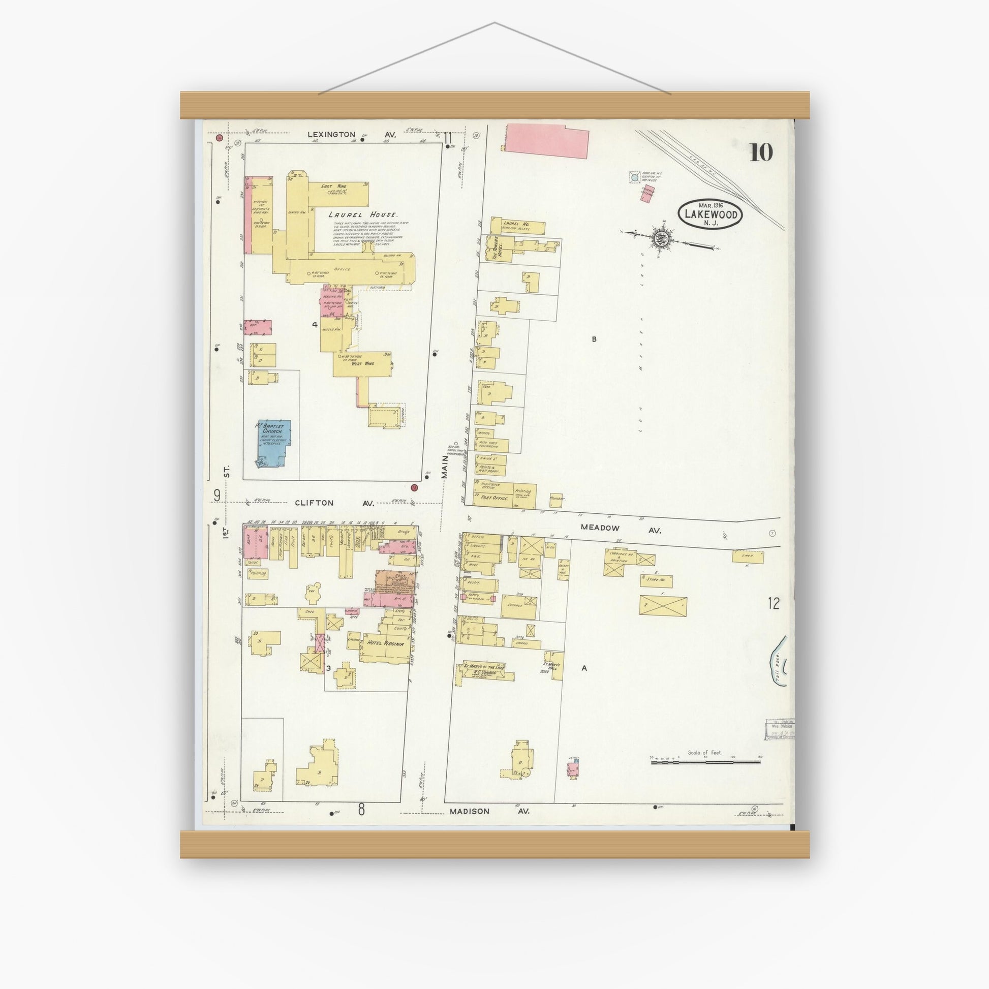 Old map wall art mockup — magnetic wood frame on white wall — Sanborn Fire Insurance Map from Lakewood, Ocean County, New Jersey (1916), Sheet #0010