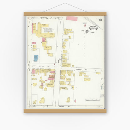 Old map wall art mockup — magnetic wood frame on white wall — Sanborn Fire Insurance Map from Lakewood, Ocean County, New Jersey (1916), Sheet #0010