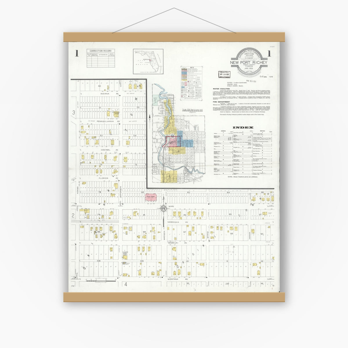 Old map wall art mockup — magnetic wood frame on white wall — Sanborn Fire Insurance Map from New Port Richey, Pasco County, Florida (1933) - Complete Map Set