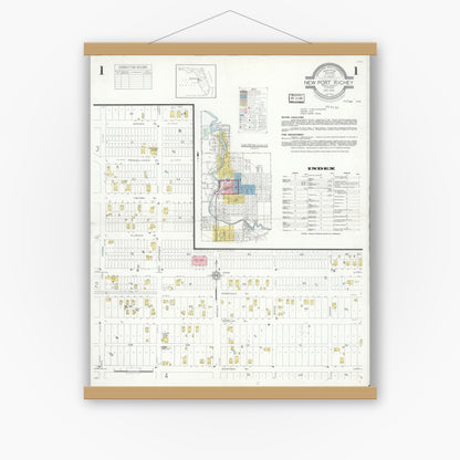 Old map wall art mockup — magnetic wood frame on white wall — Sanborn Fire Insurance Map from New Port Richey, Pasco County, Florida (1933) - Complete Map Set