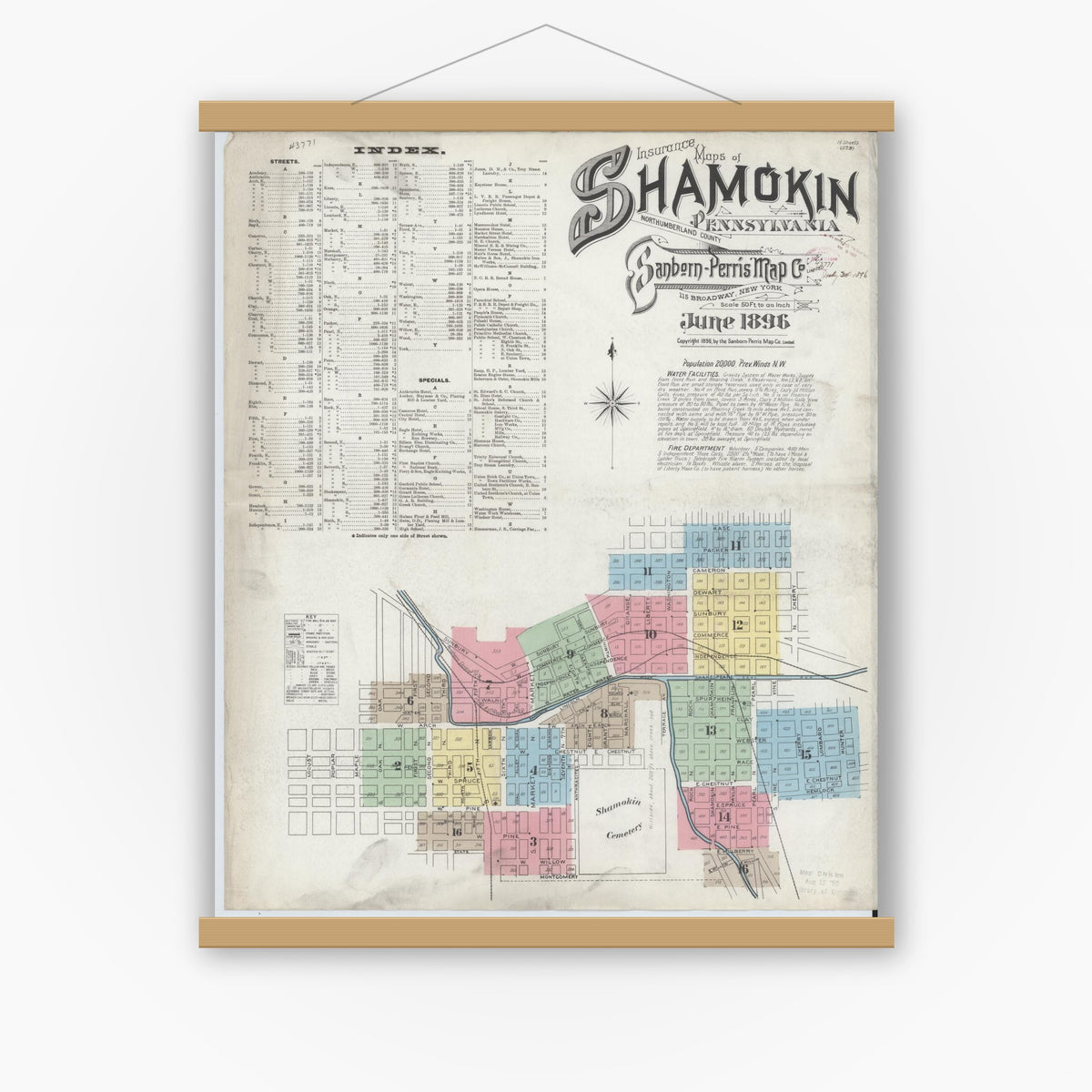 Old map wall art mockup — magnetic wood frame on white wall — Sanborn Fire Insurance Map from Shamokin, Northumberland County, Pennsylvania (1896) - Complete Map Set