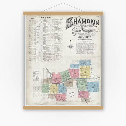 Old map wall art mockup — magnetic wood frame on white wall — Sanborn Fire Insurance Map from Shamokin, Northumberland County, Pennsylvania (1896) - Complete Map Set