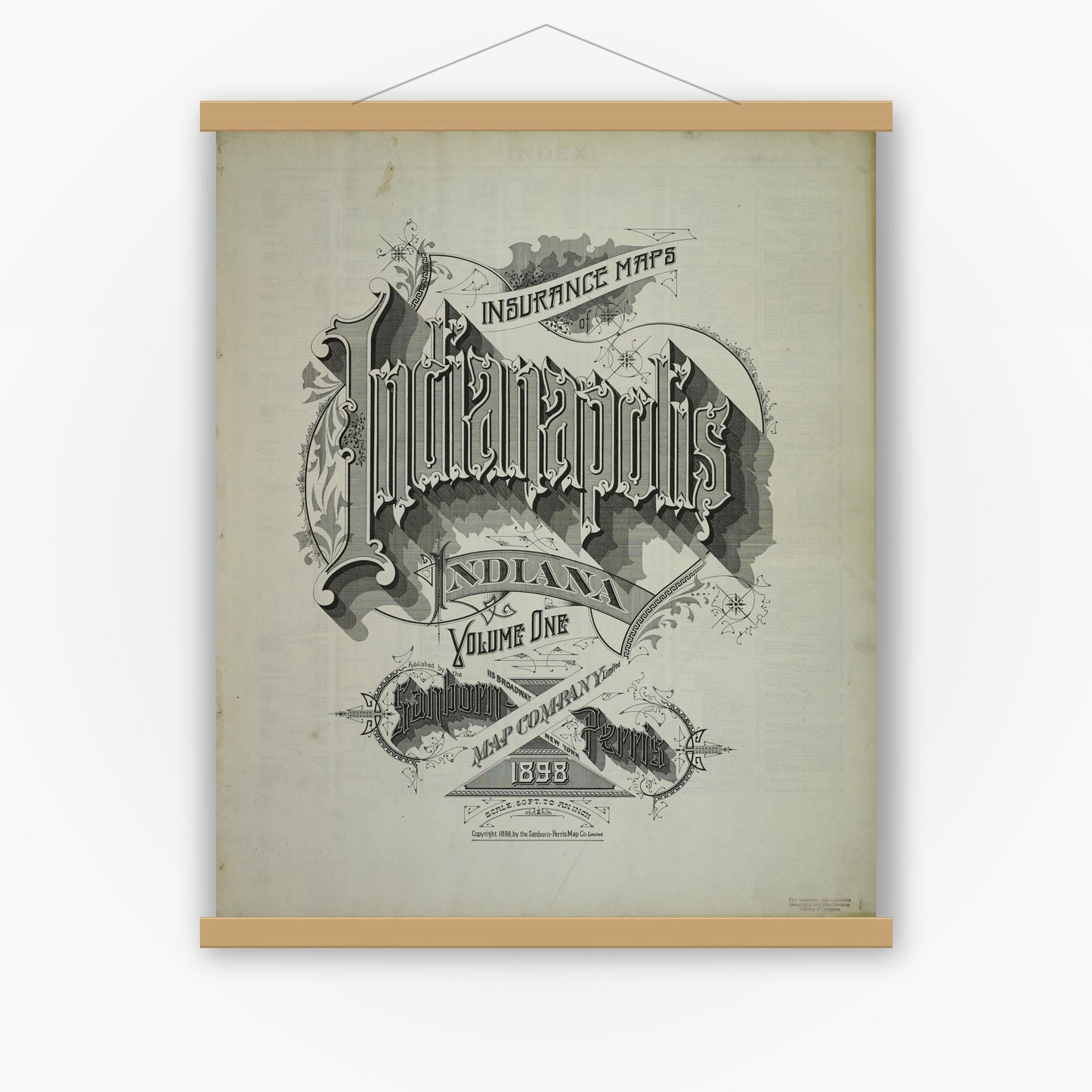 Old map wall art mockup — magnetic wood frame on white wall — Sanborn Fire Insurance Map from Indianapolis, Marion County, Indiana (1898), Sheet #0001