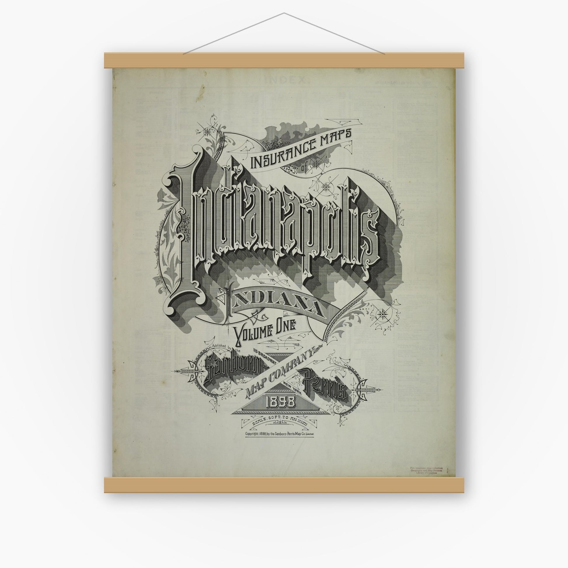 Old map wall art mockup — magnetic wood frame on white wall — Sanborn Fire Insurance Map from Indianapolis, Marion County, Indiana (1898), Sheet #0001