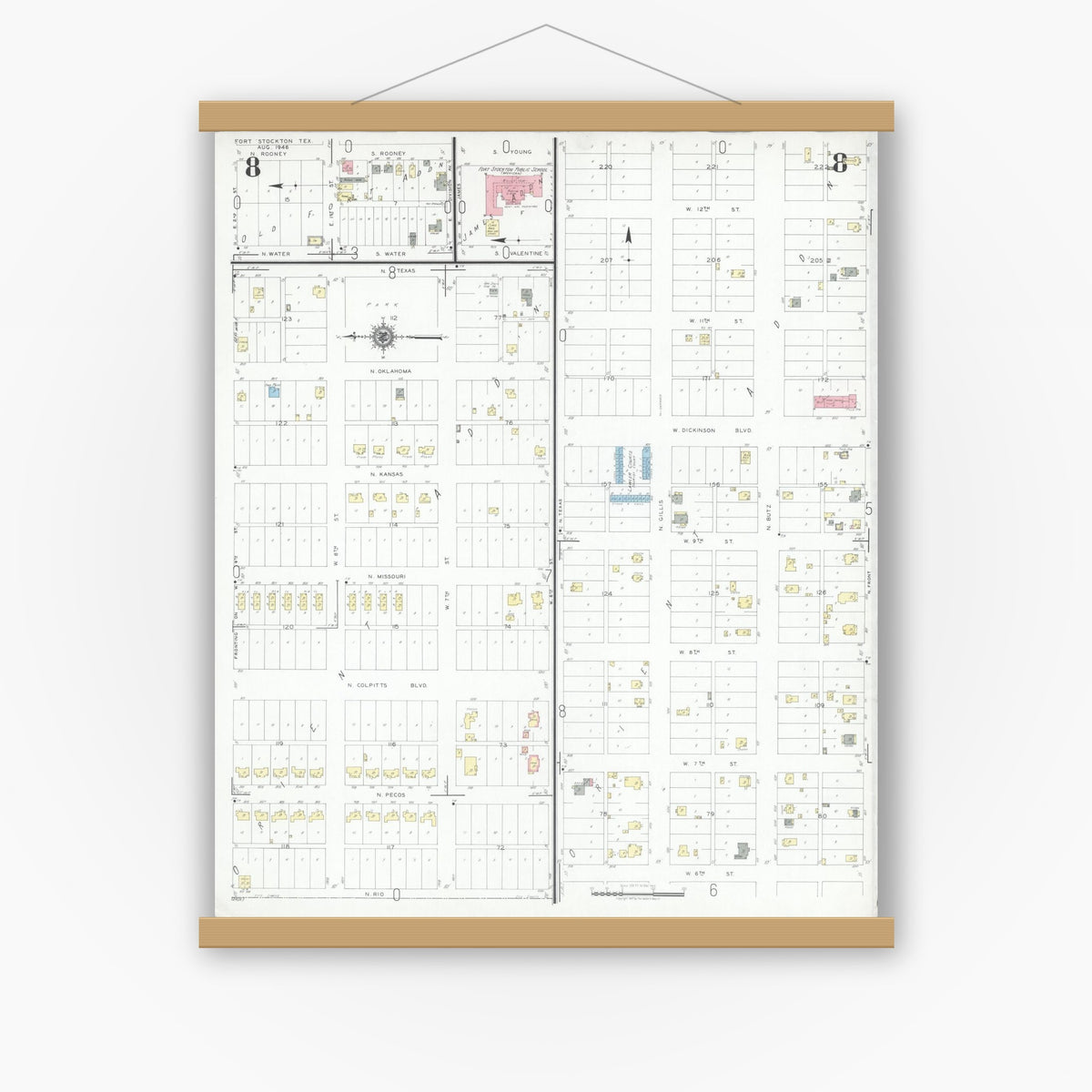 Old map wall art mockup — magnetic wood frame on white wall — Sanborn Fire Insurance Map from Fort Stockton, Pecos County, Texas (1946), Sheet #0008