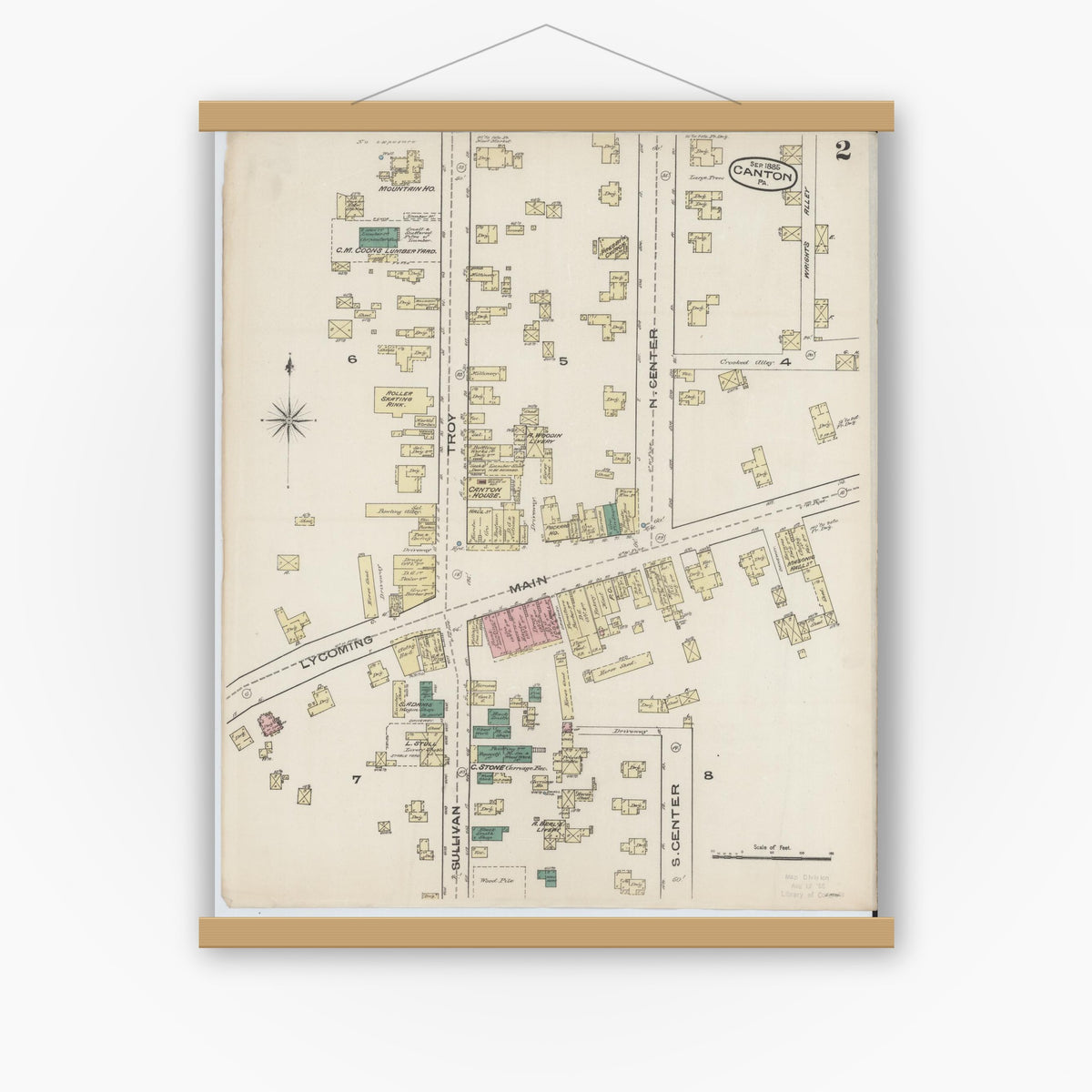 Old map wall art mockup — magnetic wood frame on white wall — Sanborn Fire Insurance Map from Canton, Bradford County, Pennsylvania (1885), Sheet #0002
