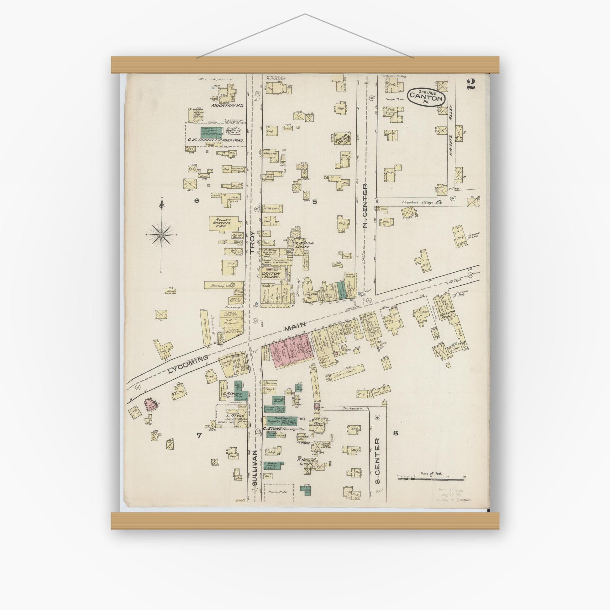 Old map wall art mockup — magnetic wood frame on white wall — Sanborn Fire Insurance Map from Canton, Bradford County, Pennsylvania (1885), Sheet #0002