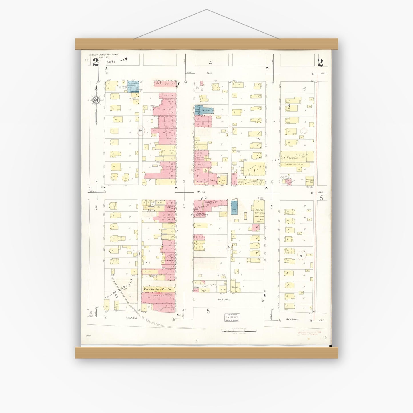 Old map wall art mockup — magnetic wood frame on white wall — Sanborn Fire Insurance Map from Valley Junction, Polk County, Iowa (1941), Sheet #0002