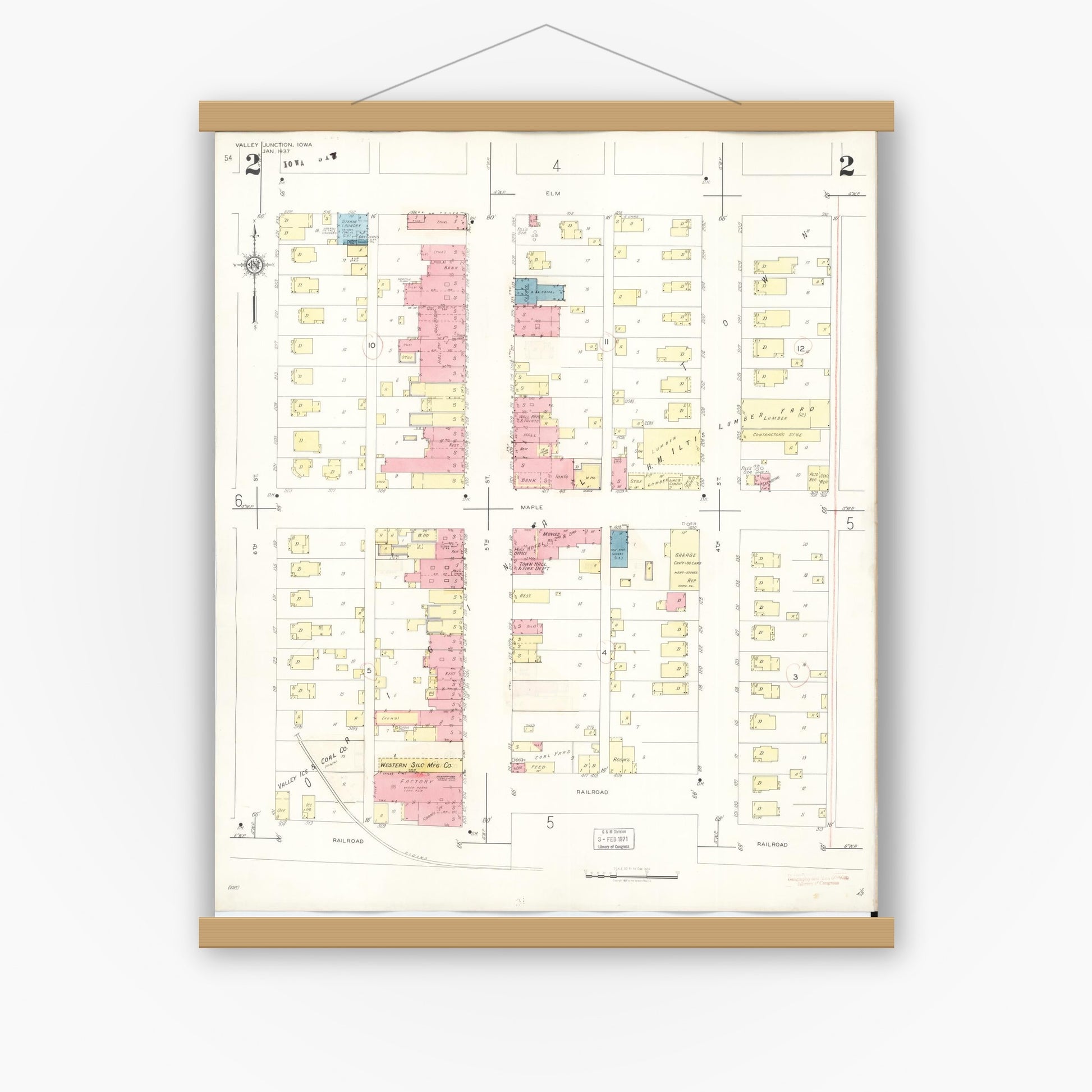 Old map wall art mockup — magnetic wood frame on white wall — Sanborn Fire Insurance Map from Valley Junction, Polk County, Iowa (1941), Sheet #0002