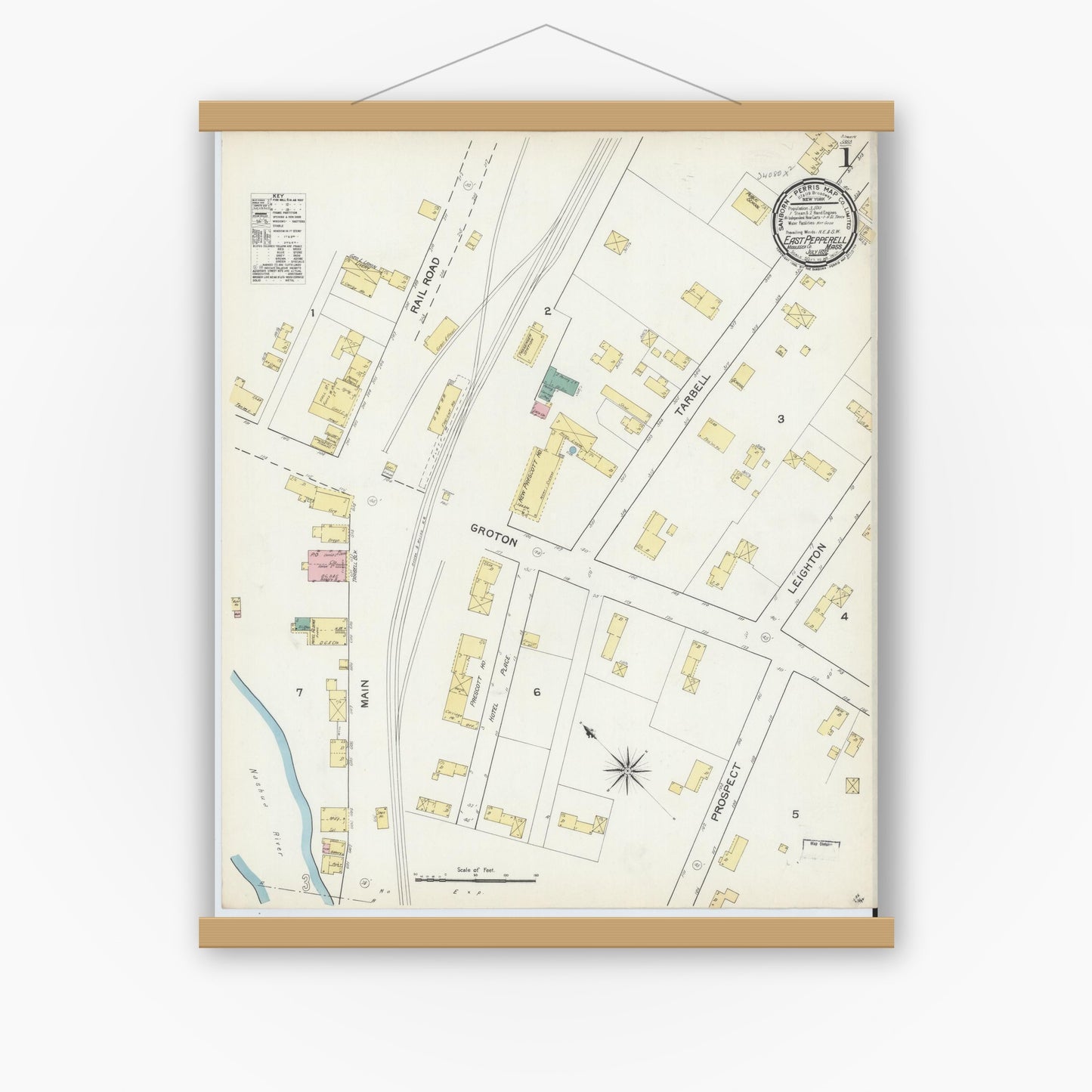 Old map wall art mockup — magnetic wood frame on white wall — Sanborn Fire Insurance Map from East Pepperell, Middlesex County, Massachusetts (1892) - Complete Map Set