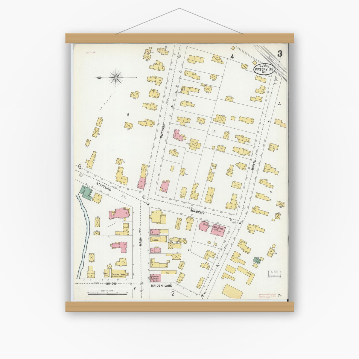 Old map wall art mockup — magnetic wood frame on white wall — Sanborn Fire Insurance Map from Waterville, Oneida County, New York (1899), Sheet #0003