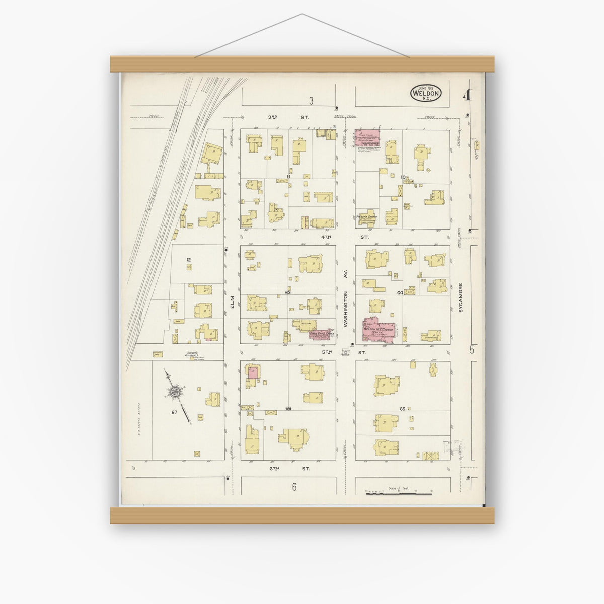Old map wall art mockup — magnetic wood frame on white wall — Sanborn Fire Insurance Map from Weldon, Halifax County, North Carolina (1915), Sheet #0004