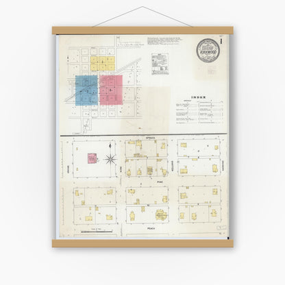 Old map wall art mockup — magnetic wood frame on white wall — Sanborn Fire Insurance Map from Kirkwood, Warren County, Illinois (1907) - Complete Map Set