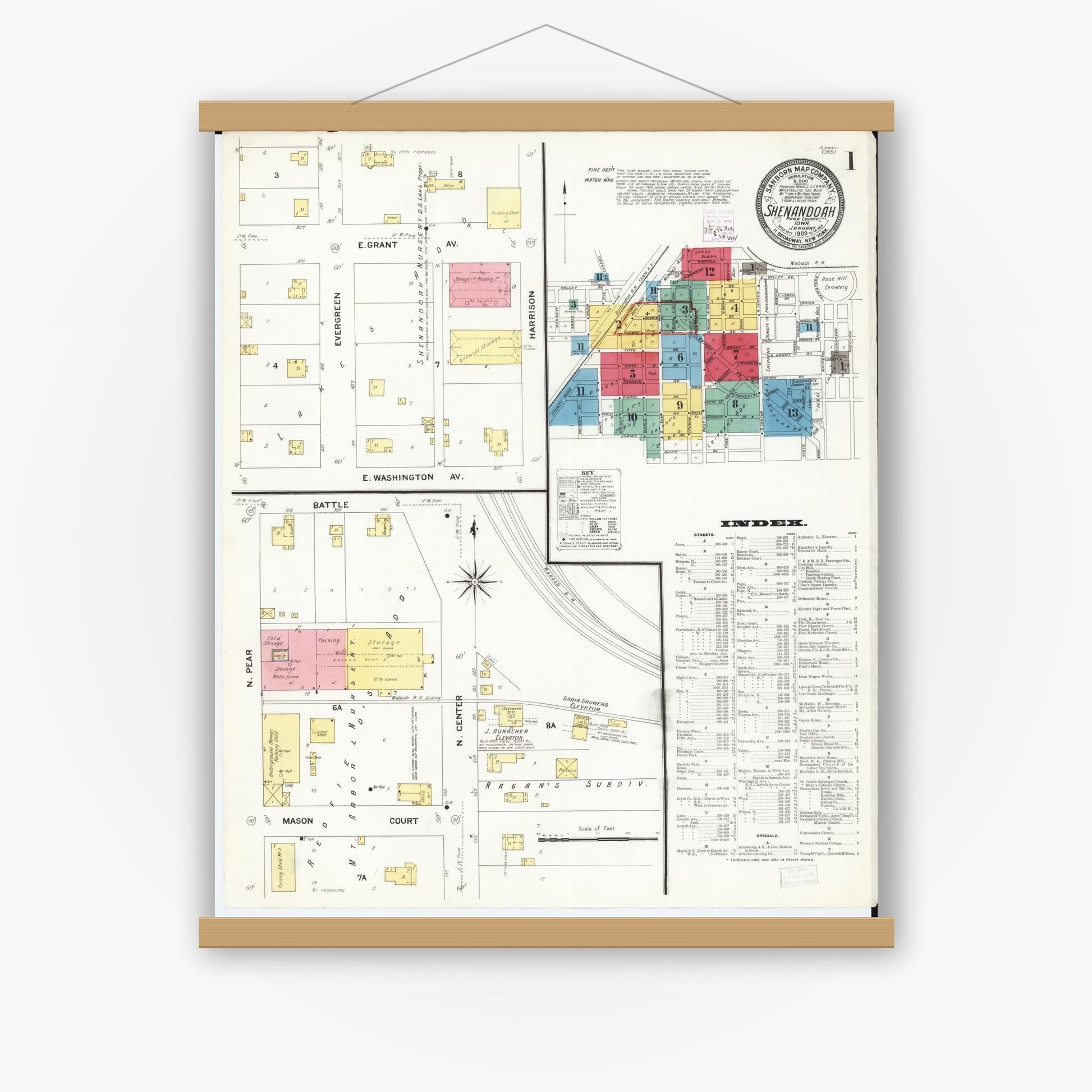Old map wall art mockup — magnetic wood frame on white wall — Sanborn Fire Insurance Map from Shenandoah, Page County, Iowa (1909), Sheet #0001