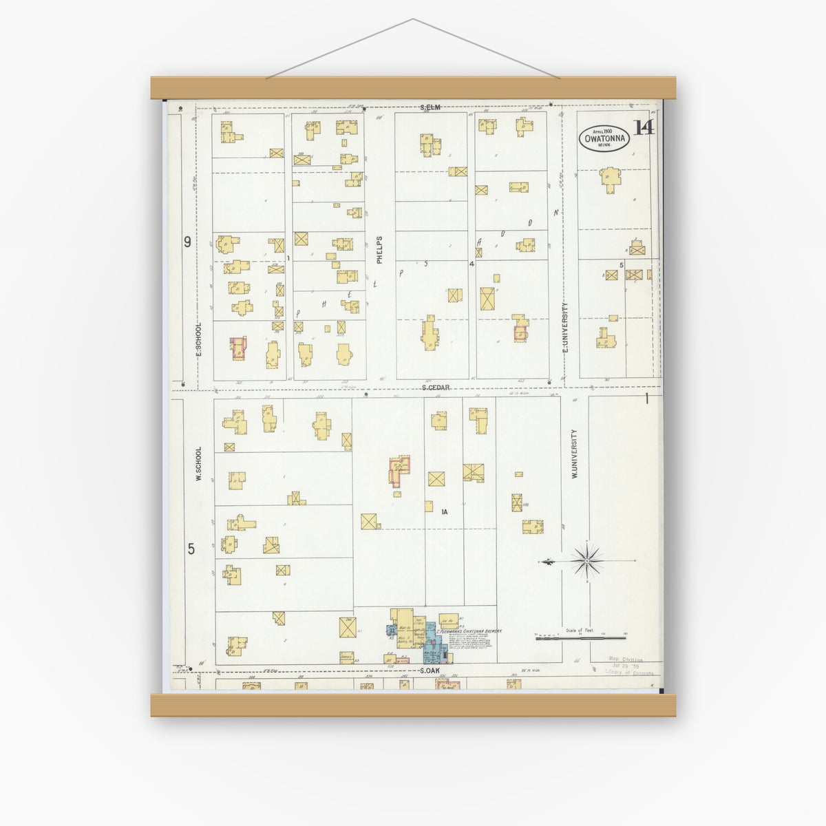 Old map wall art mockup — magnetic wood frame on white wall — Sanborn Fire Insurance Map from Owatonna, Steele County, Minnesota (1900), Sheet #0014