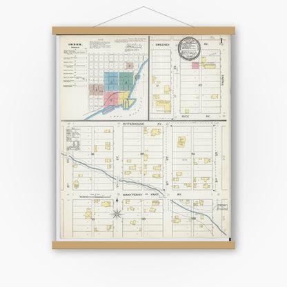 Old map wall art mockup — magnetic wood frame on white wall — Sanborn Fire Insurance Map from Bayfield, Bayfield County, Wisconsin (1892), Sheet #0001