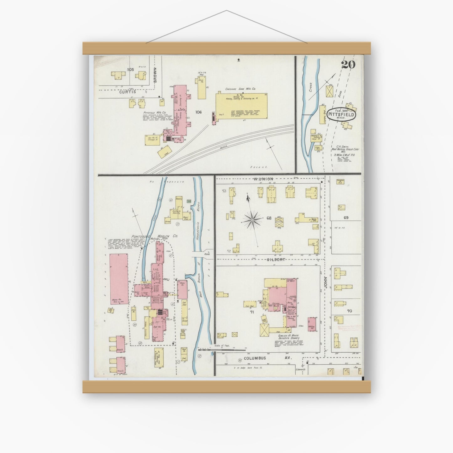 Old map wall art mockup — magnetic wood frame on white wall — Sanborn Fire Insurance Map from Pittsfield, Berkshire County, Massachusetts (1895), Sheet #0020