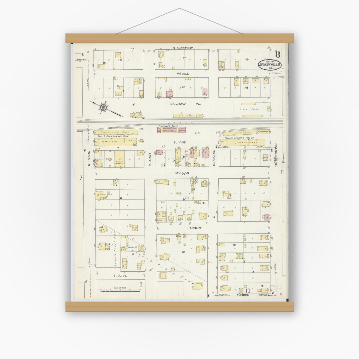 Old map wall art mockup — magnetic wood frame on white wall — Sanborn Fire Insurance Map from Jerseyville, Jersey County, Illinois (1914), Sheet #0008