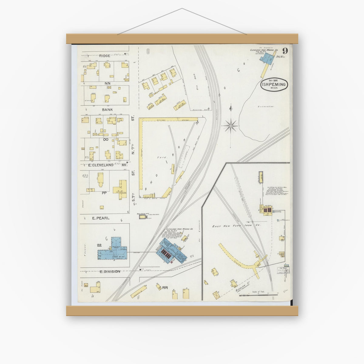 Old map wall art mockup — magnetic wood frame on white wall — Sanborn Fire Insurance Map from Ishpeming, Marquette County, Michigan (1892), Sheet #0009