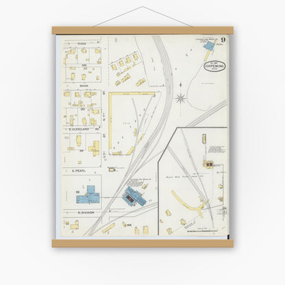 Old map wall art mockup — magnetic wood frame on white wall — Sanborn Fire Insurance Map from Ishpeming, Marquette County, Michigan (1892), Sheet #0009