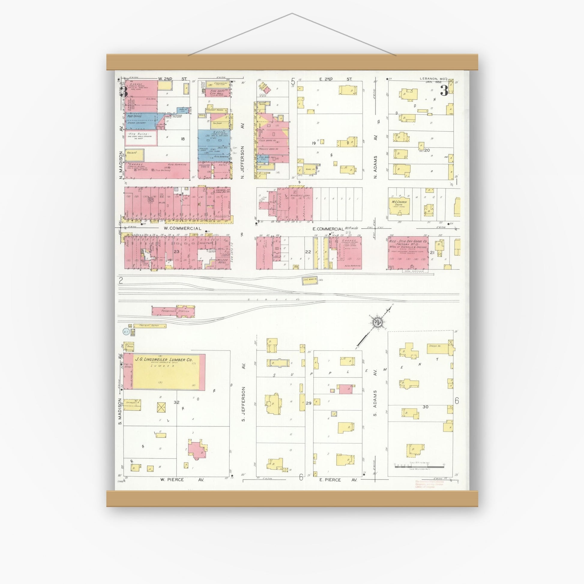 Old map wall art mockup — magnetic wood frame on white wall — Sanborn Fire Insurance Map from Lebanon, Laclede County, Missouri (1932), Sheet #0003