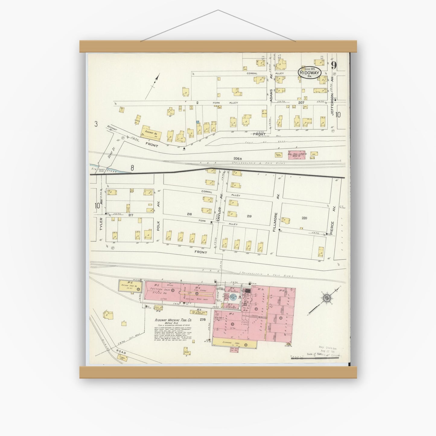 Old map wall art mockup — magnetic wood frame on white wall — Sanborn Fire Insurance Map from Ridgway, Elk County, Pennsylvania (1915), Sheet #0009
