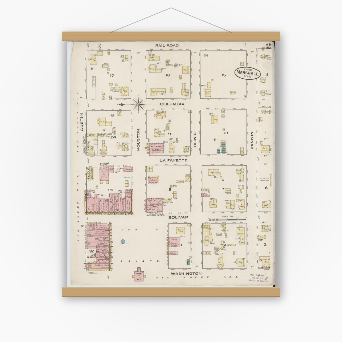 Old map wall art mockup — magnetic wood frame on white wall — Sanborn Fire Insurance Map from Marshall, Harrison County, Texas (1885), Sheet #0002