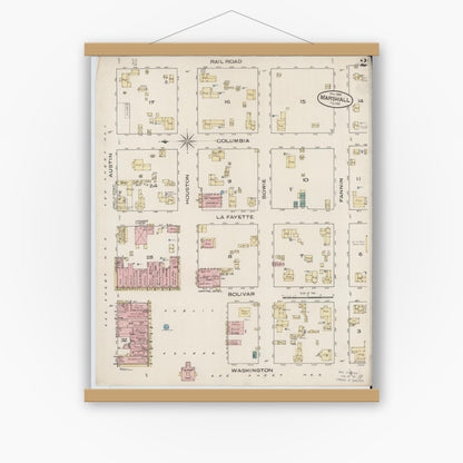Old map wall art mockup — magnetic wood frame on white wall — Sanborn Fire Insurance Map from Marshall, Harrison County, Texas (1885), Sheet #0002