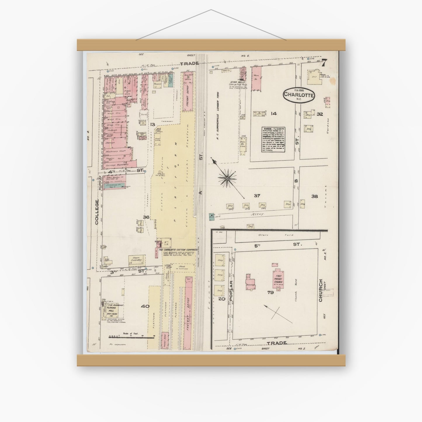 Old map wall art mockup — magnetic wood frame on white wall — Sanborn Fire Insurance Map from Charlotte, Mecklenburg County, North Carolina (1885), Sheet #0007