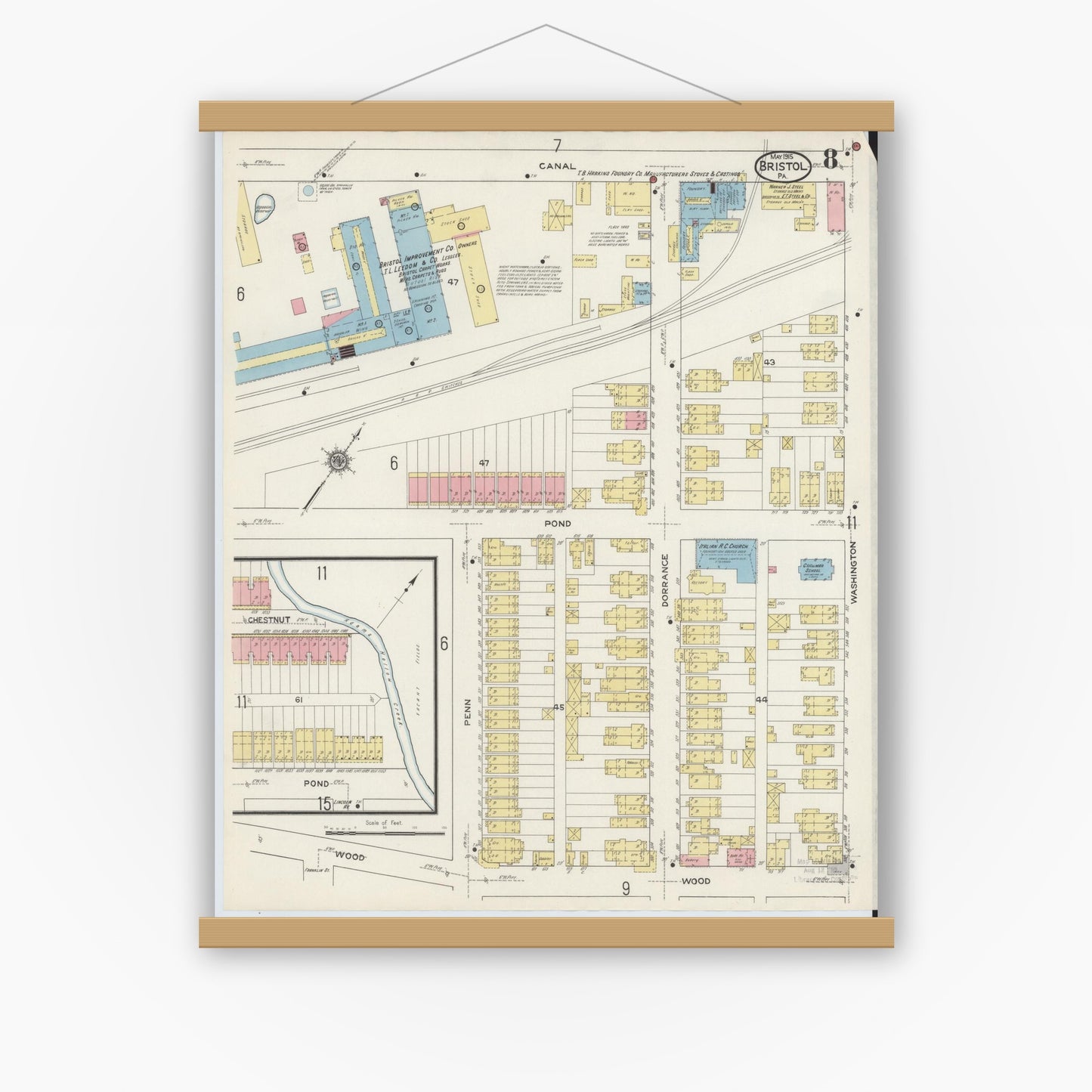 Old map wall art mockup — magnetic wood frame on white wall — Sanborn Fire Insurance Map from Bristol, Bucks County, Pennsylvania (1915), Sheet #0008