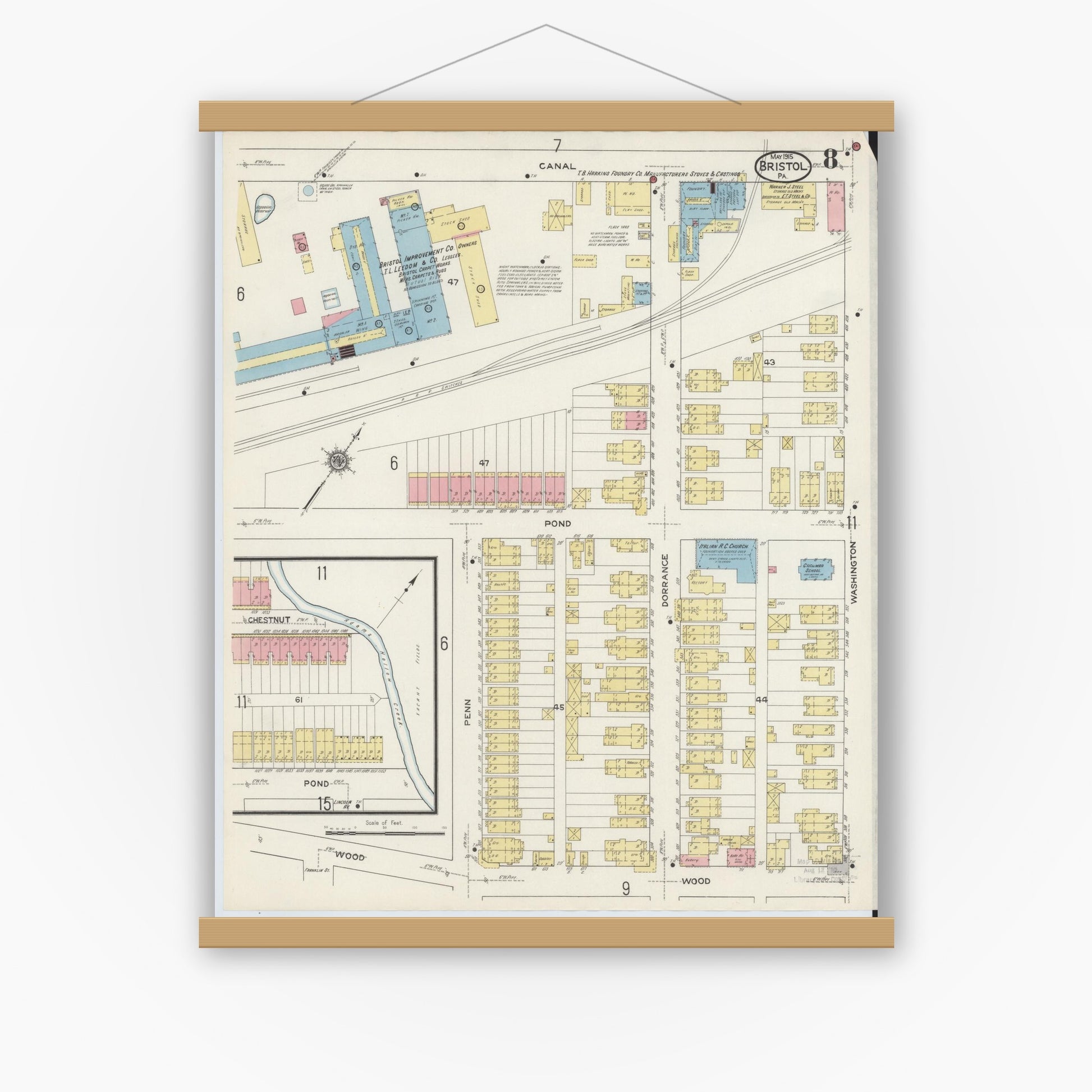 Old map wall art mockup — magnetic wood frame on white wall — Sanborn Fire Insurance Map from Bristol, Bucks County, Pennsylvania (1915), Sheet #0008