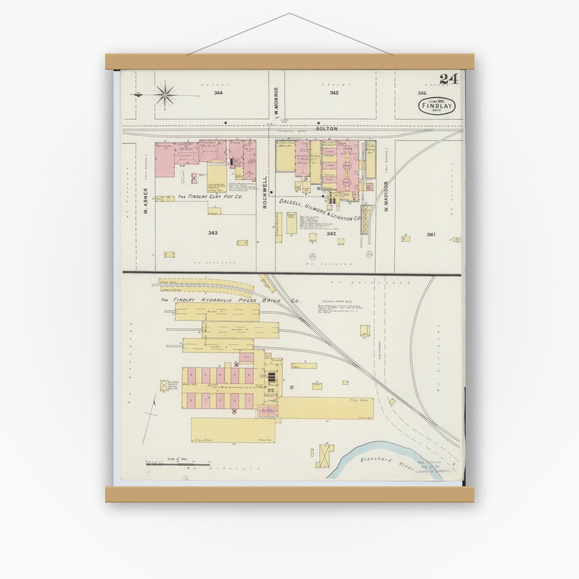 Old map wall art mockup — magnetic wood frame on white wall — Sanborn Fire Insurance Map from Findlay, Hancock County, Ohio (1895), Sheet #0024