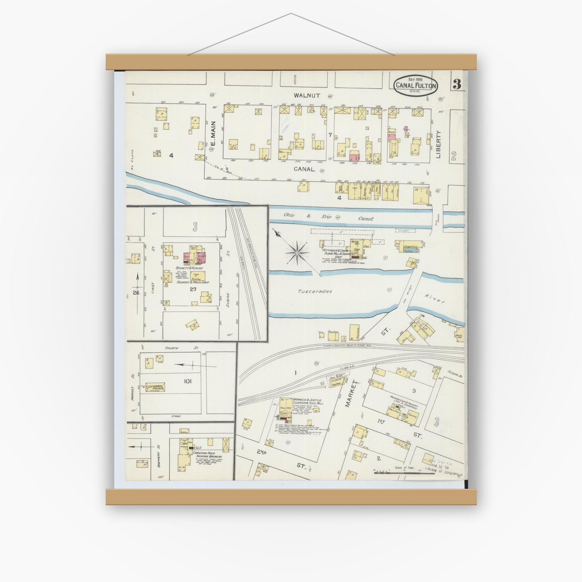 Old map wall art mockup — magnetic wood frame on white wall — Sanborn Fire Insurance Map from Canal Fulton, Stark County, Ohio (1893), Sheet #0003