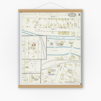 Old map wall art mockup — magnetic wood frame on white wall — Sanborn Fire Insurance Map from Canal Fulton, Stark County, Ohio (1893), Sheet #0003
