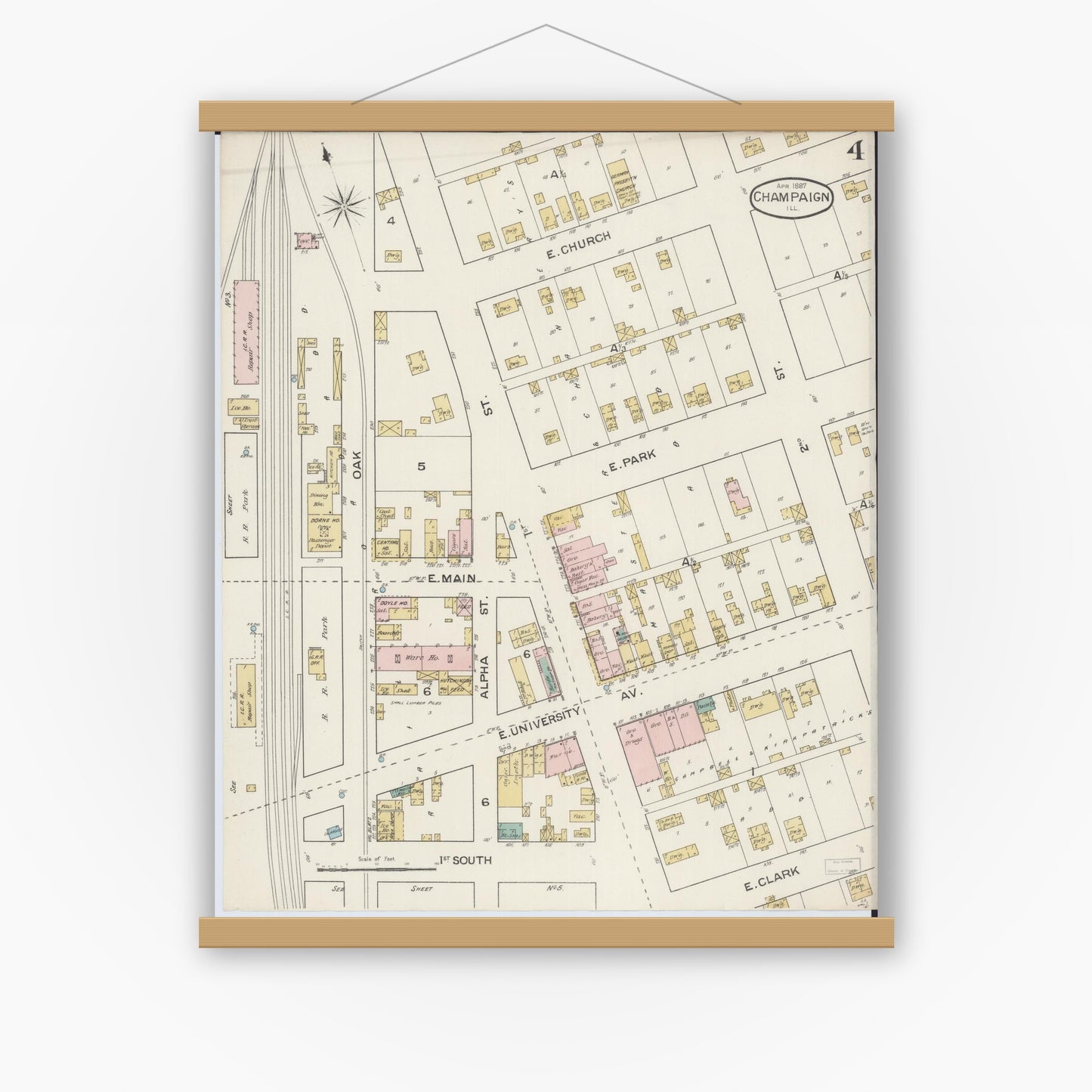 Old map wall art mockup — magnetic wood frame on white wall — Sanborn Fire Insurance Map from Champaign, Champaign County, Illinois (1887), Sheet #0004