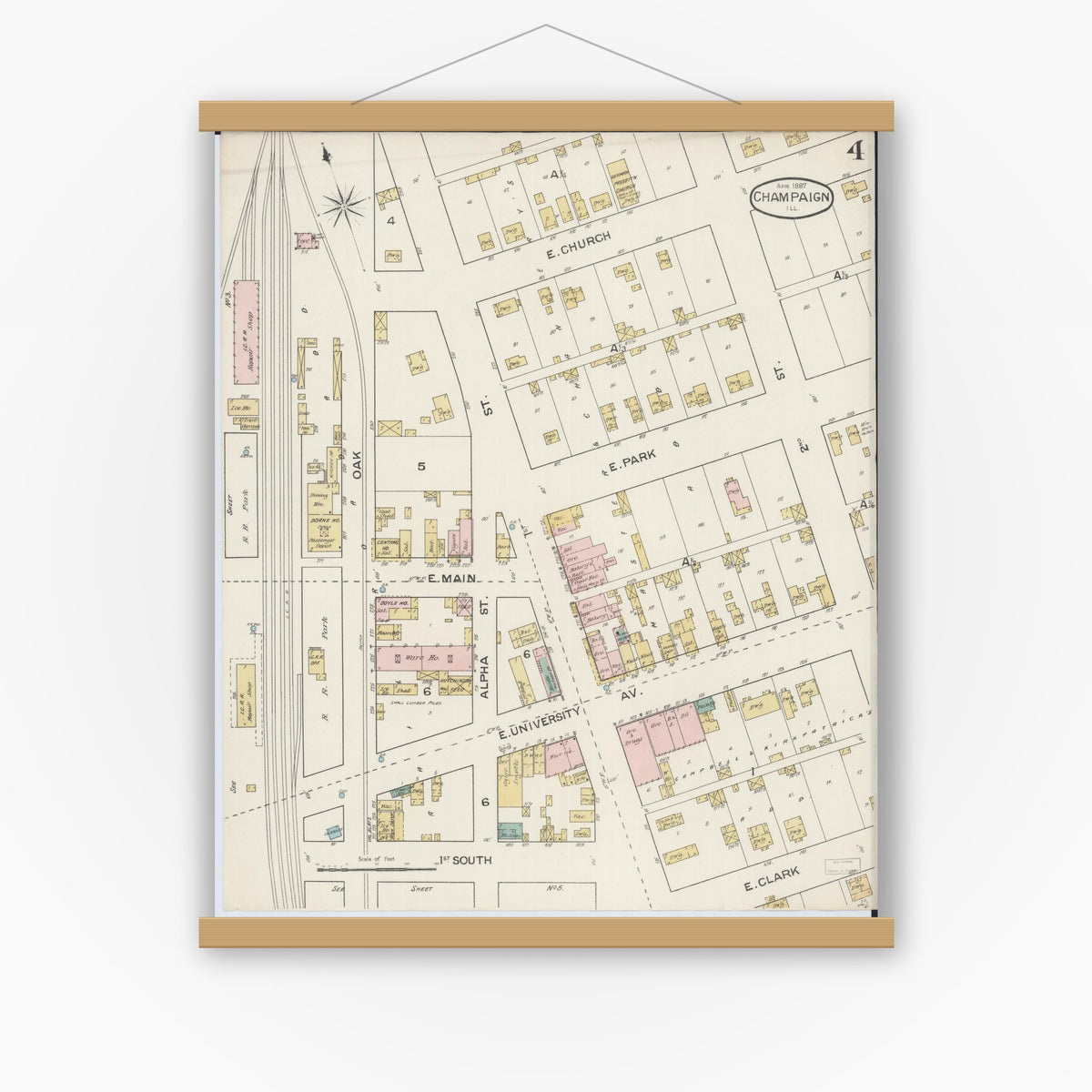 Old map wall art mockup — magnetic wood frame on white wall — Sanborn Fire Insurance Map from Champaign, Champaign County, Illinois (1887), Sheet #0004