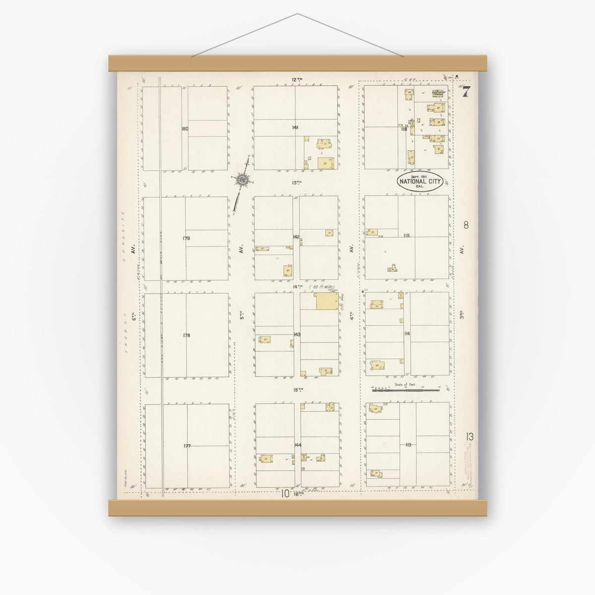 Old map wall art mockup — magnetic wood frame on white wall — Sanborn Fire Insurance Map from National City, San Diego County, California (1911), Sheet #0007
