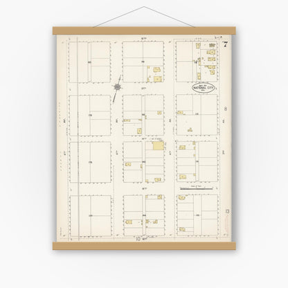 Old map wall art mockup — magnetic wood frame on white wall — Sanborn Fire Insurance Map from National City, San Diego County, California (1911), Sheet #0007