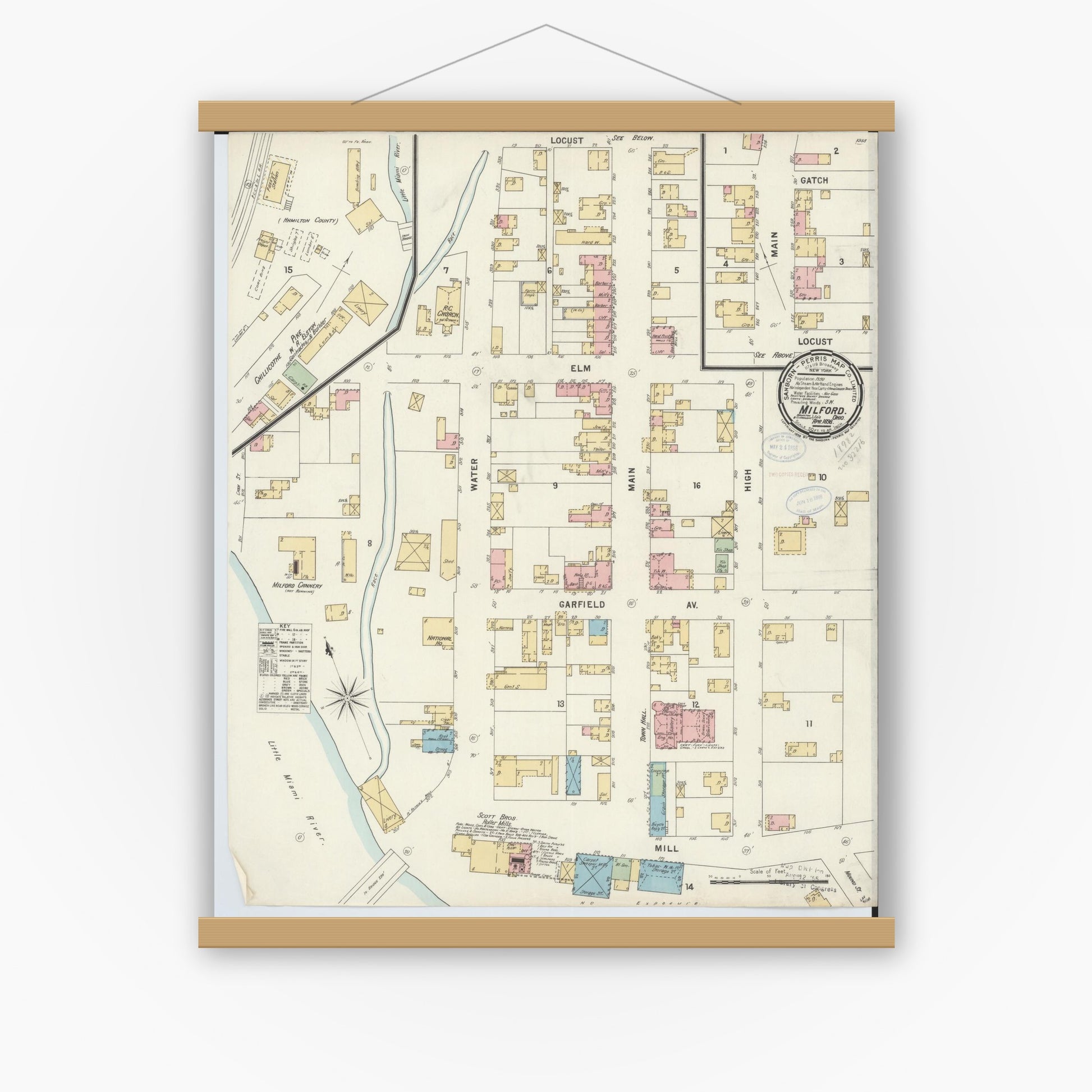 Old map wall art mockup — magnetic wood frame on white wall — Sanborn Fire Insurance Map from Milford, Clermont And Hamilton County, Ohio (1898), Sheet #0001
