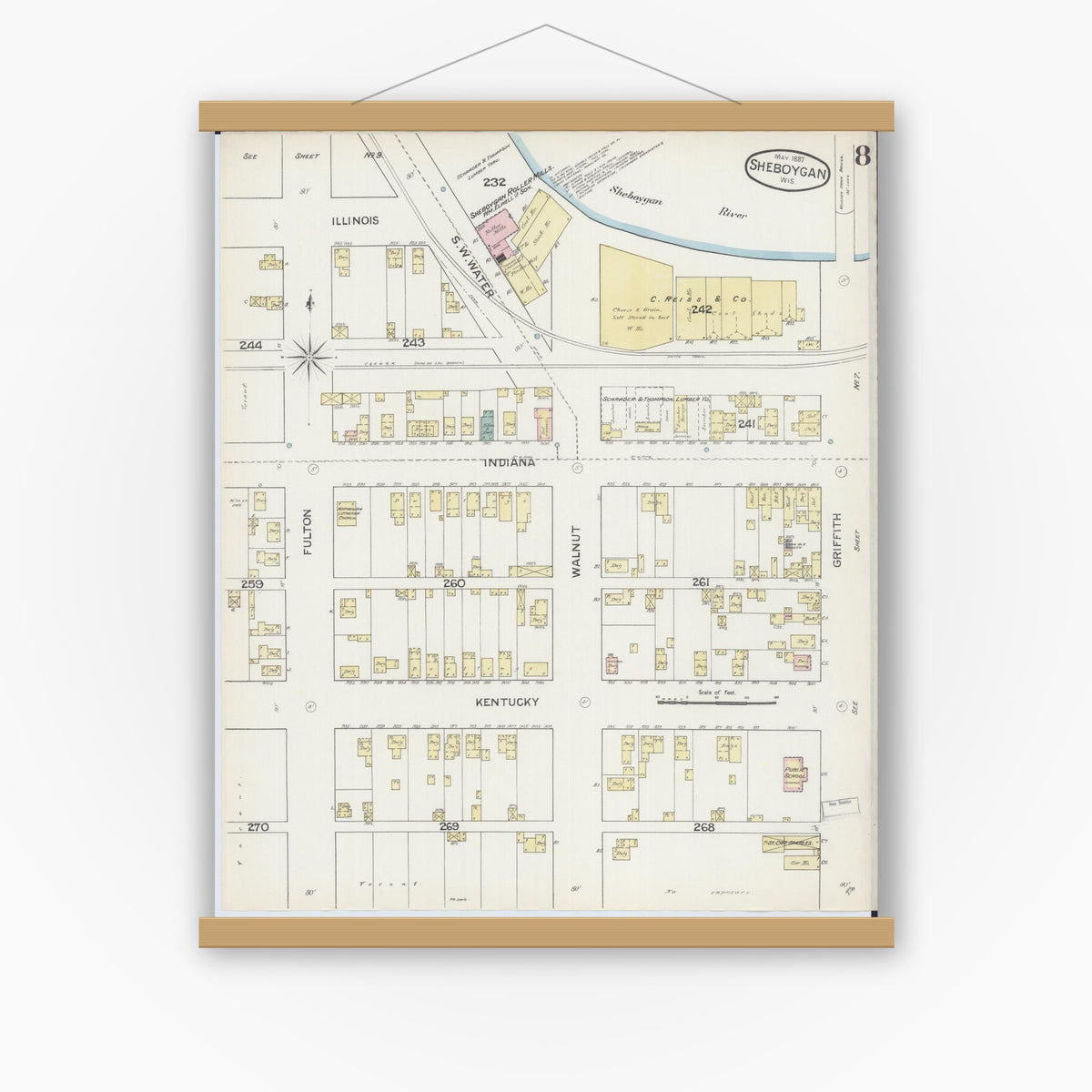 Old map wall art mockup — magnetic wood frame on white wall — Sanborn Fire Insurance Map from Sheboygan, Sheboygan County, Wisconsin (1887), Sheet #0008