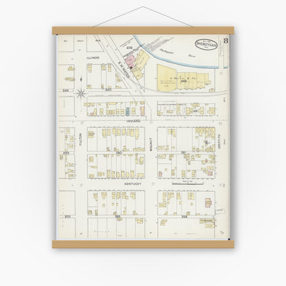Old map wall art mockup — magnetic wood frame on white wall — Sanborn Fire Insurance Map from Sheboygan, Sheboygan County, Wisconsin (1887), Sheet #0008