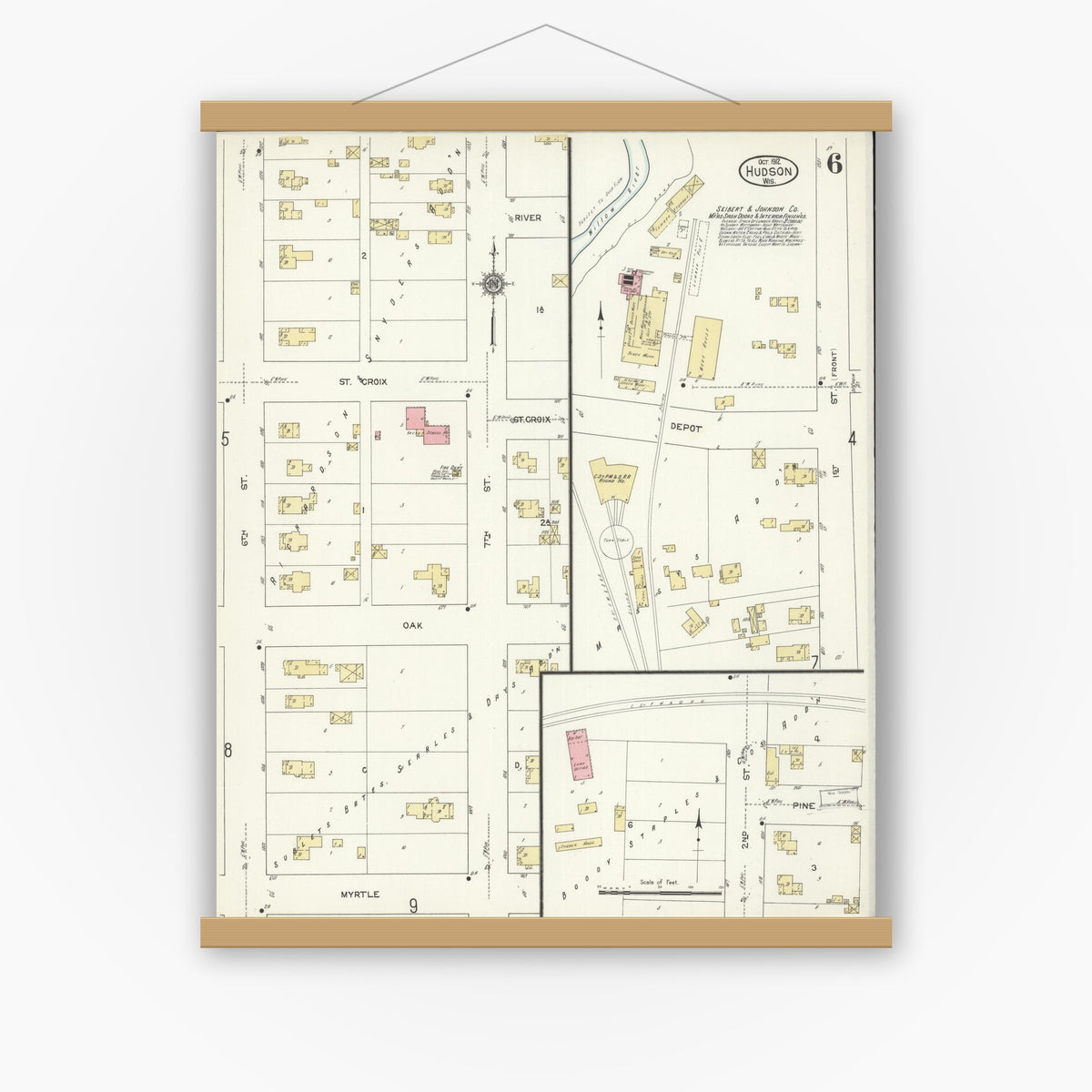 Old map wall art mockup — magnetic wood frame on white wall — Sanborn Fire Insurance Map from Hudson, St. Croix County, Wisconsin (1912), Sheet #0006