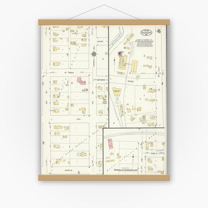Old map wall art mockup — magnetic wood frame on white wall — Sanborn Fire Insurance Map from Hudson, St. Croix County, Wisconsin (1912), Sheet #0006