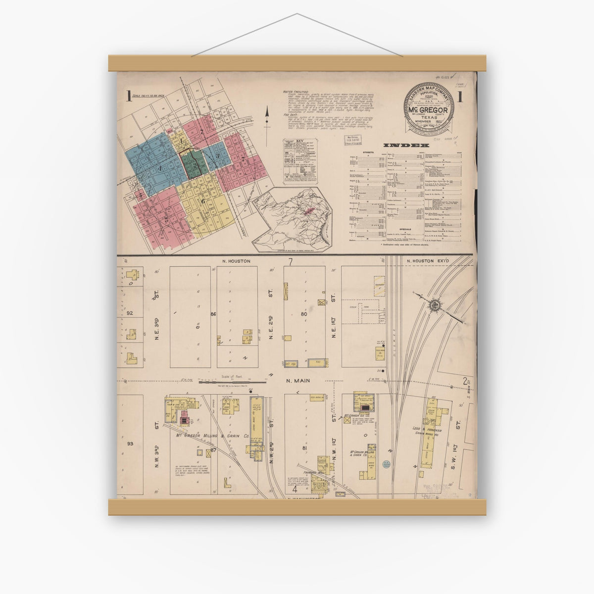 Old map wall art mockup — magnetic wood frame on white wall — Sanborn Fire Insurance Map from McGregor, McLennan County, Texas (1922), Sheet #0001