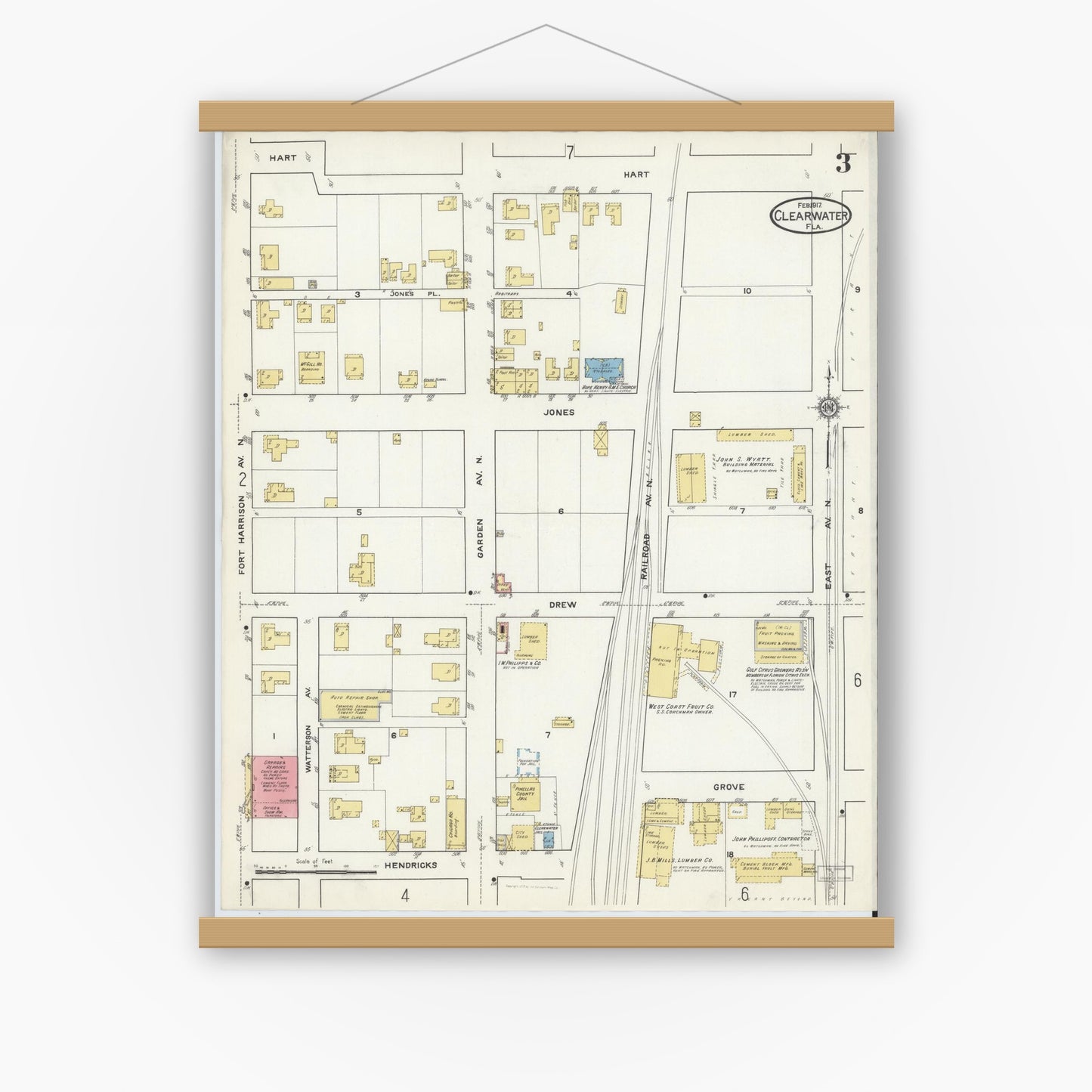 Old map wall art mockup — magnetic wood frame on white wall — Sanborn Fire Insurance Map from Clearwater, Pinellas County, Florida (1917), Sheet #0003