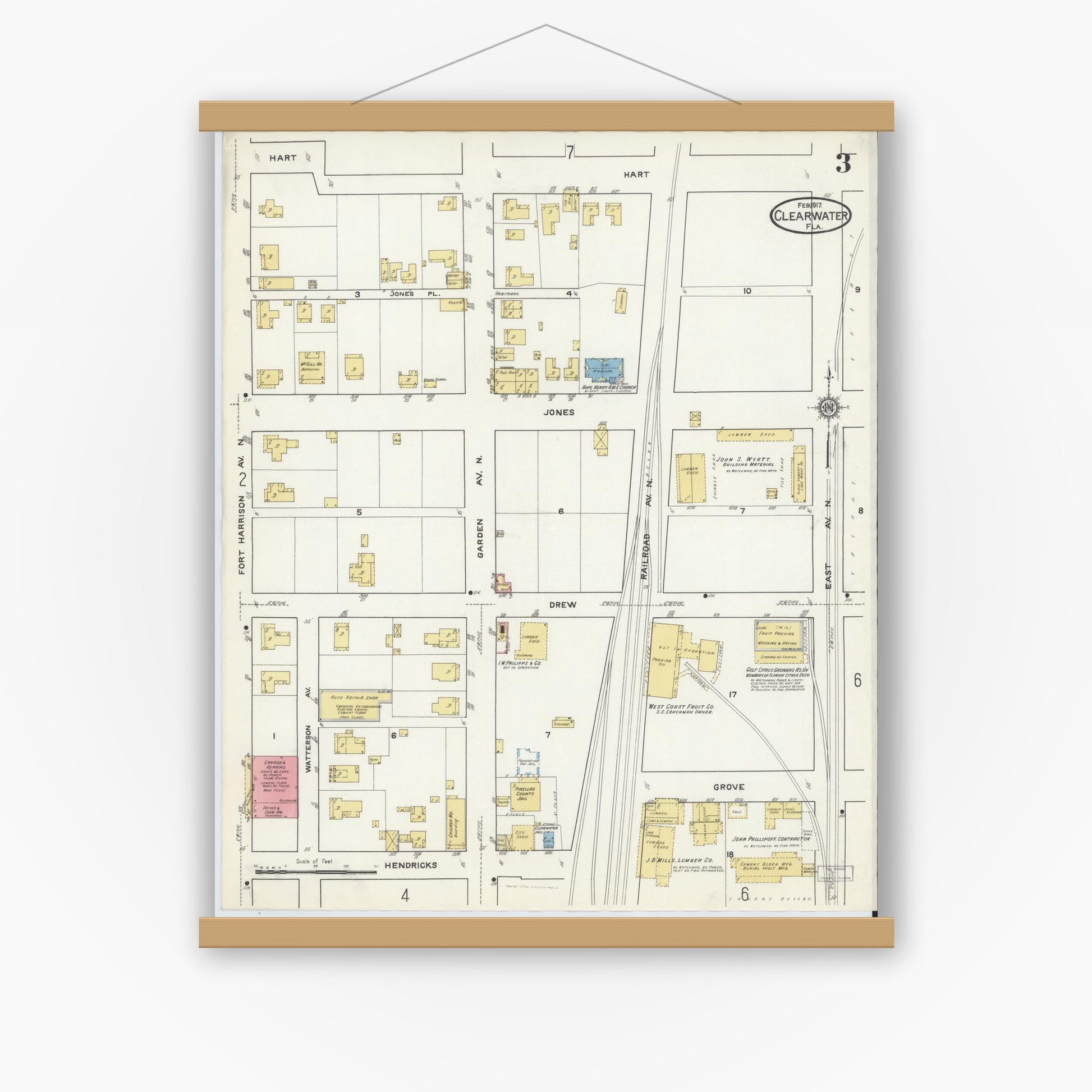 Old map wall art mockup — magnetic wood frame on white wall — Sanborn Fire Insurance Map from Clearwater, Pinellas County, Florida (1917), Sheet #0003