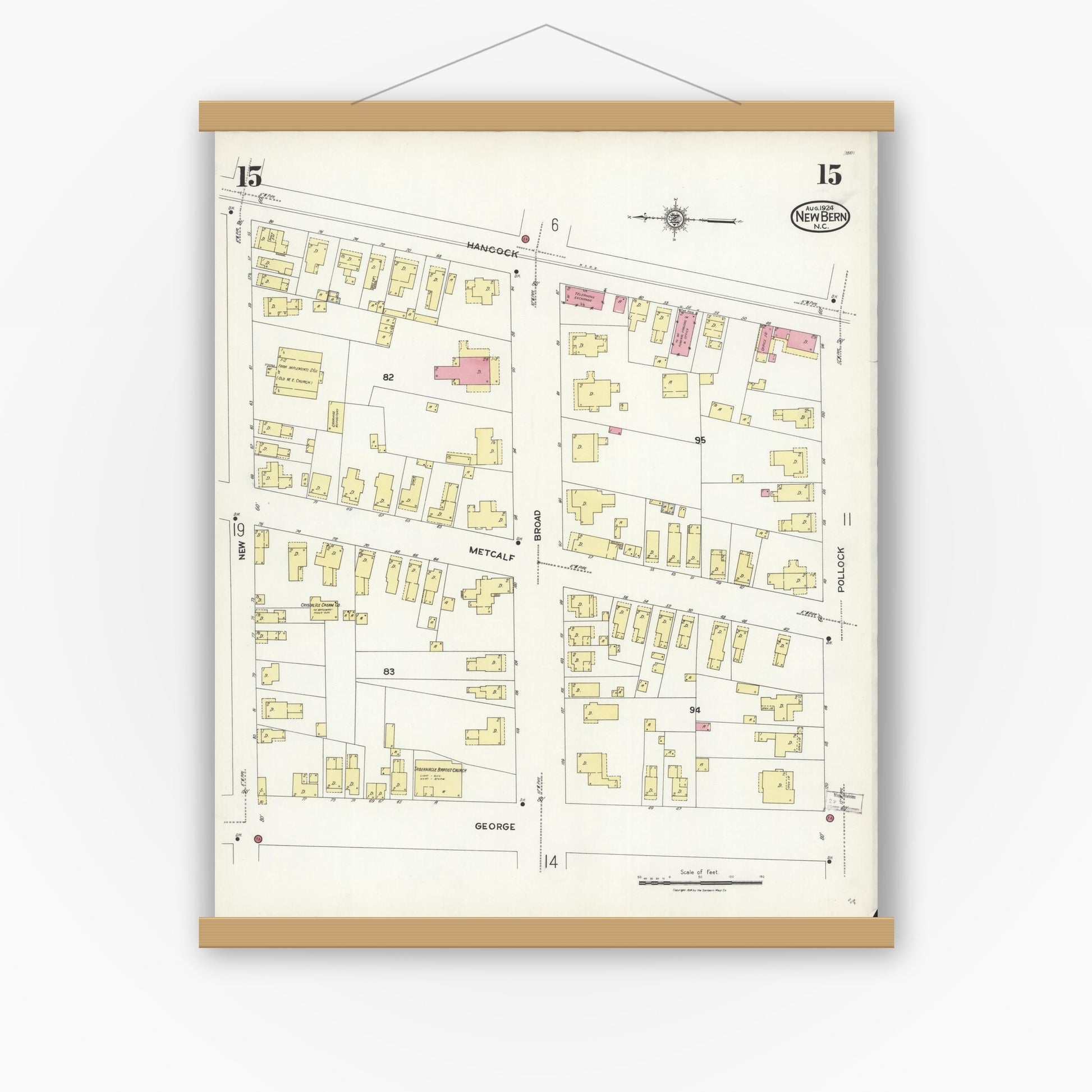 Old map wall art mockup — magnetic wood frame on white wall — Sanborn Fire Insurance Map from New Bern, Craven County, North Carolina (1924), Sheet #0015